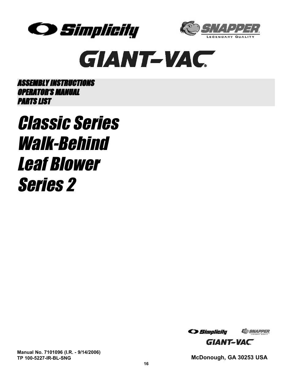 Classic series walk-behind leaf blower series 2 | Snapper LBC6152BV User Manual | Page 16 / 16