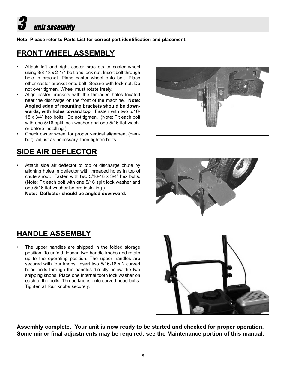 Front wheel assembly, Side air deflector, Handle assembly | Unit assembly | Snapper LBC6152BV User Manual | Page 5 / 16