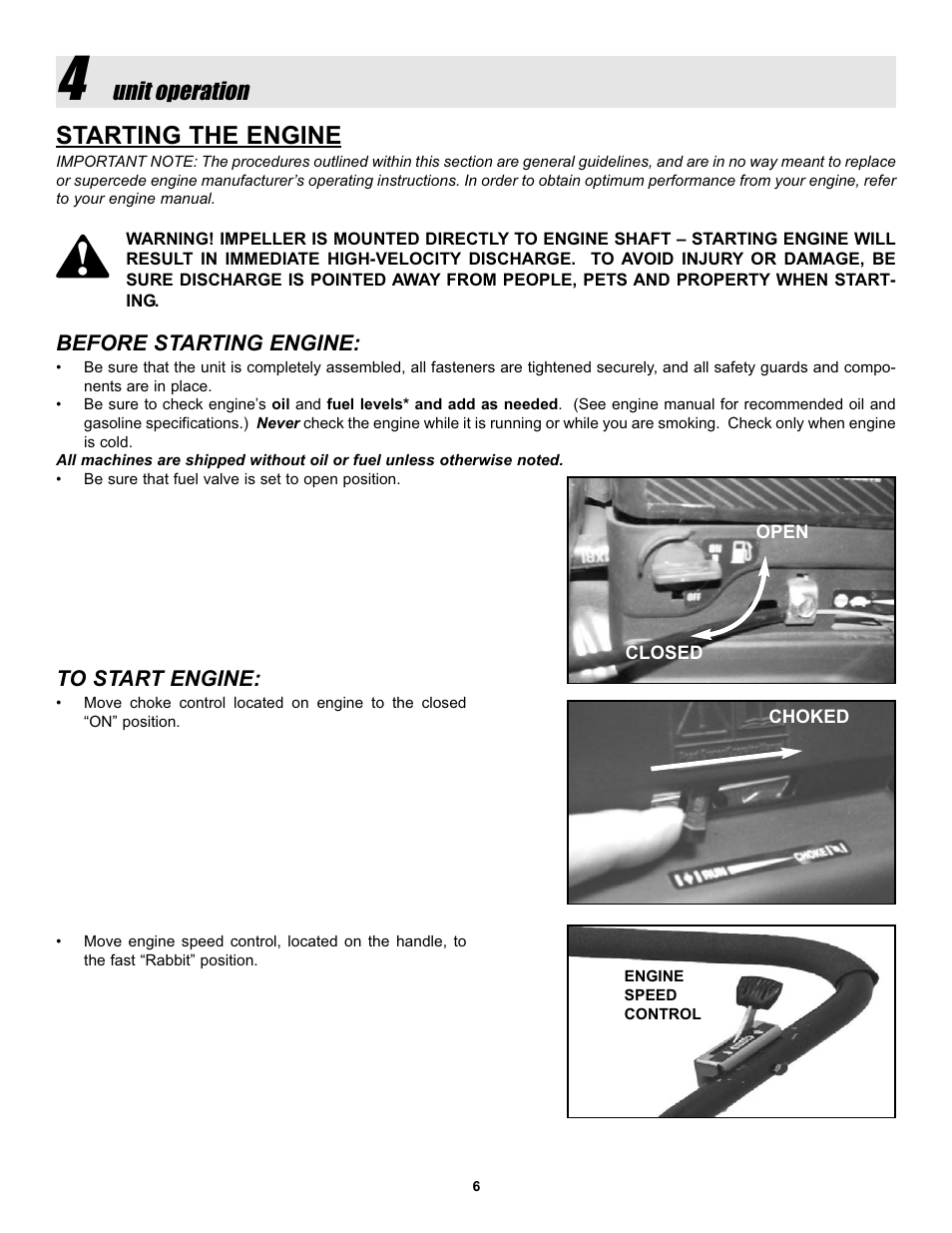 Starting the engine | Snapper LBC6152BV User Manual | Page 6 / 16