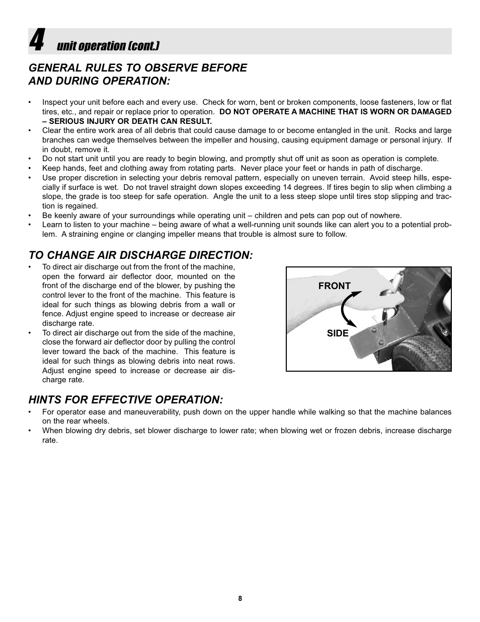 Unit operation (cont.), Hints for effective operation | Snapper LBC6152BV User Manual | Page 8 / 16