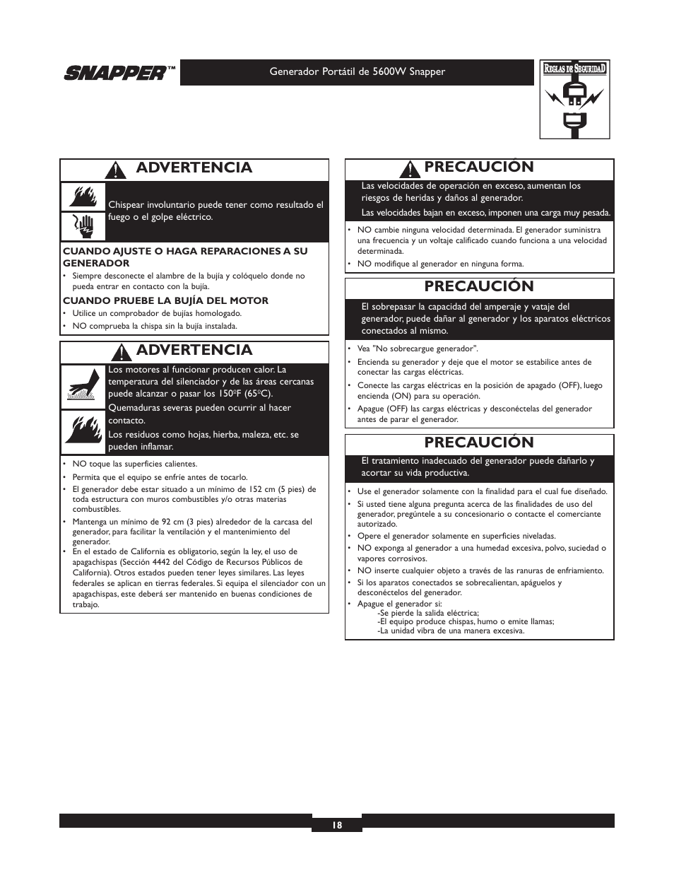 Precaución, Advertencia | Snapper 5600 User Manual | Page 18 / 28