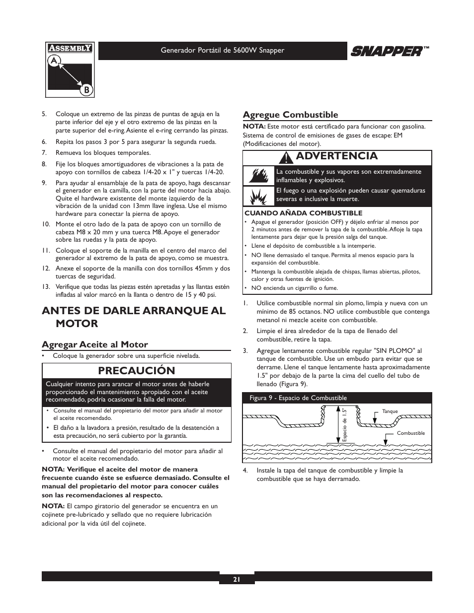 Antes de darle arranque al motor, Precaución, Advertencia | Agregar aceite al motor, Agregue combustible | Snapper 5600 User Manual | Page 21 / 28