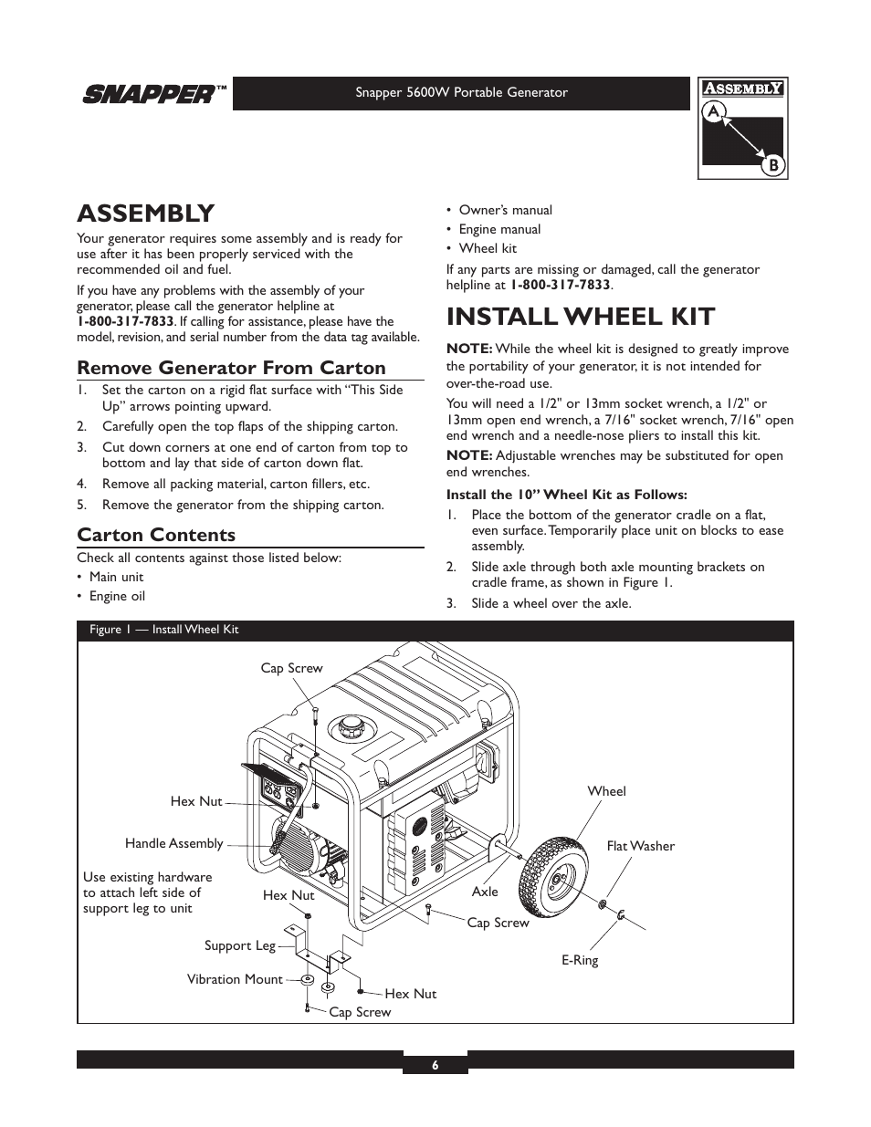 Assembly, Install wheel kit, Remove generator from carton | Carton contents | Snapper 5600 User Manual | Page 6 / 28