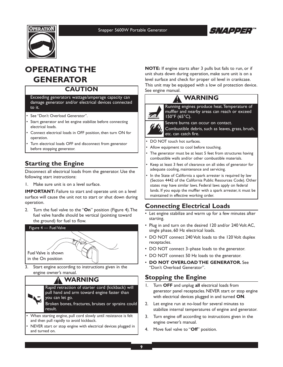 Operating the generator, Starting the engine, Connecting electrical loads | Stopping the engine, Caution, Warning | Snapper 5600 User Manual | Page 9 / 28