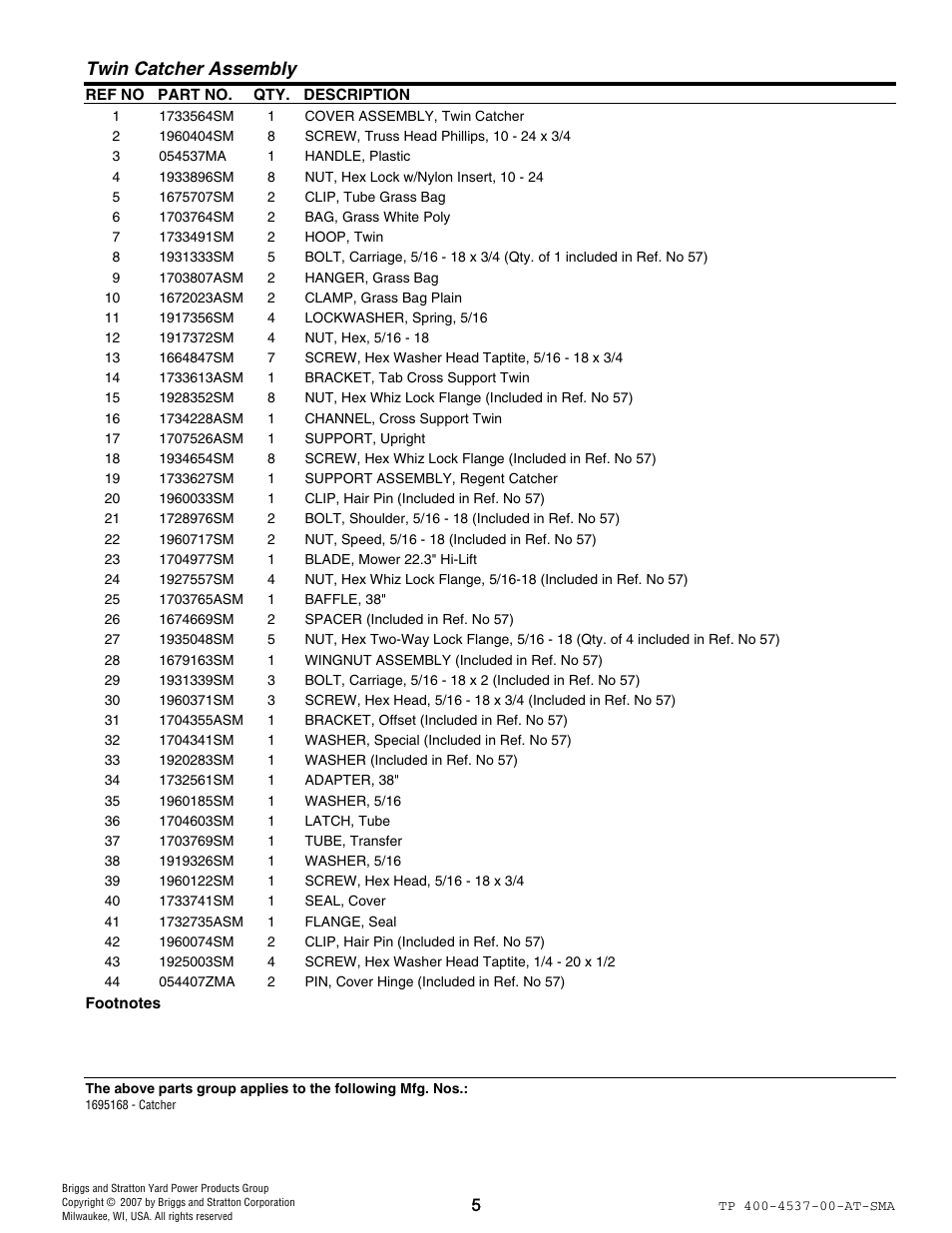 Twin catcher assembly | Snapper 4531 User Manual | Page 5 / 12