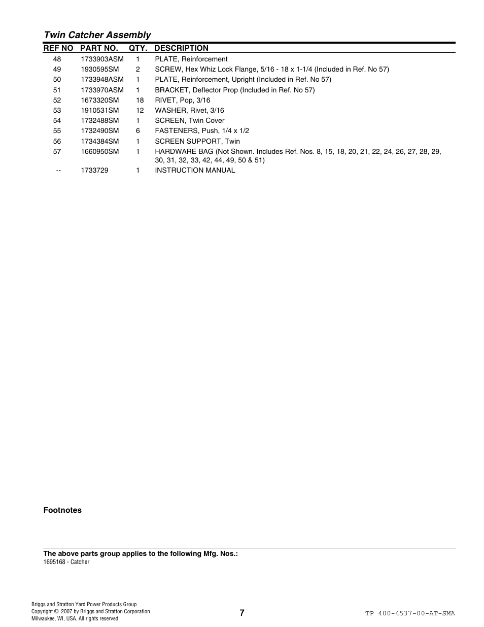 Twin catcher assembly | Snapper 4531 User Manual | Page 7 / 12