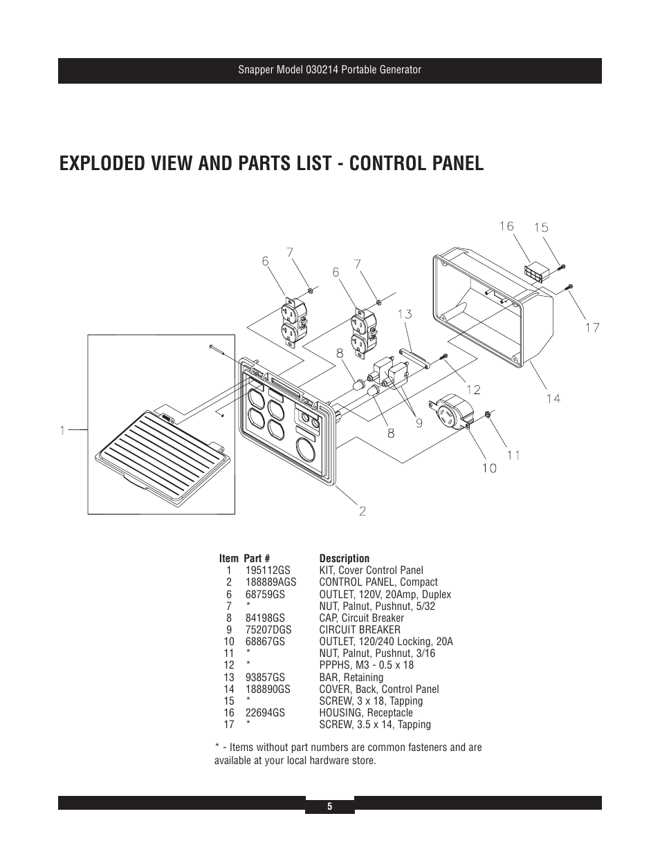 Exploded view and parts list - control panel | Snapper 30214 User Manual | Page 5 / 6