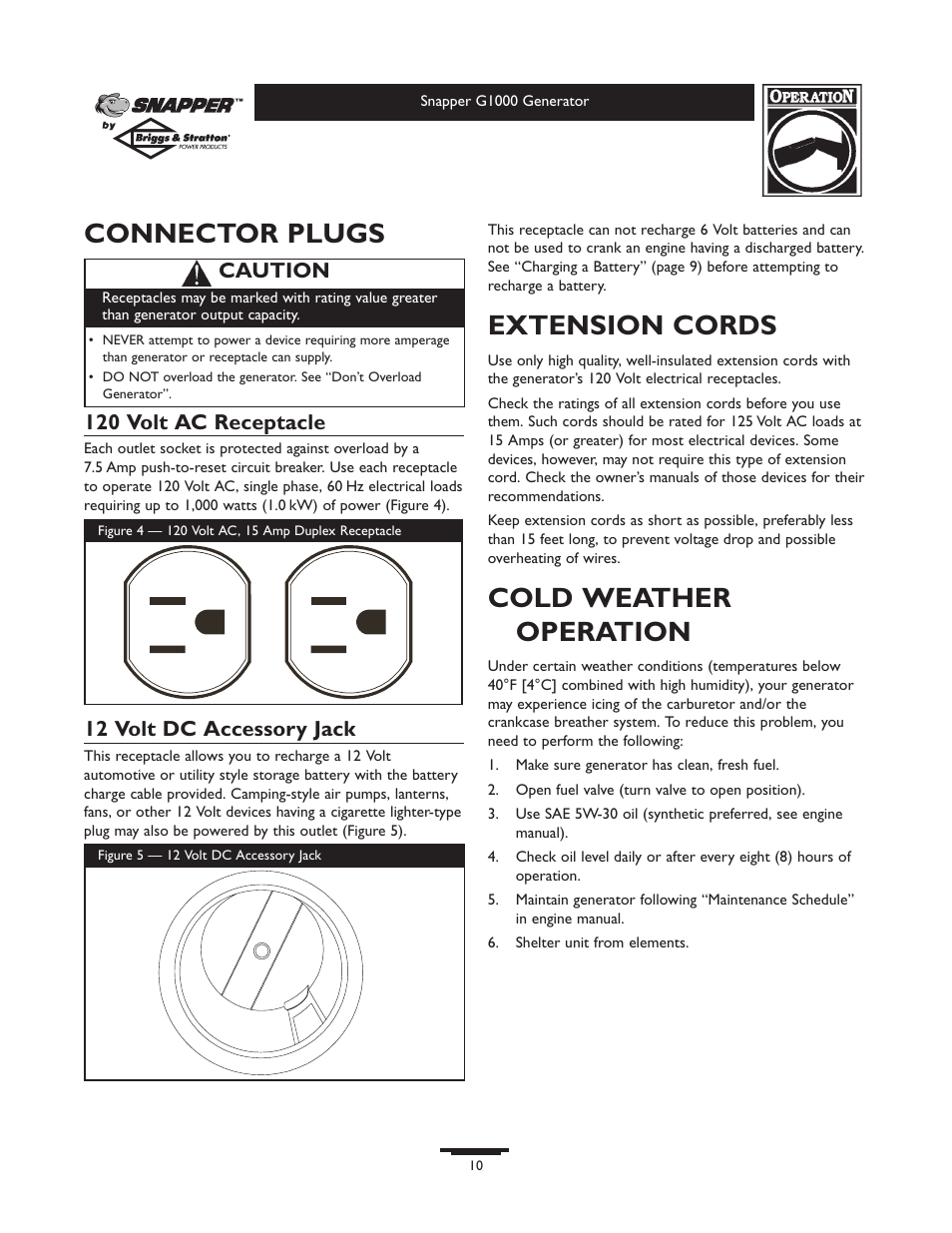 Connector plugs, Extension cords, Cold weather operation | 120 volt ac receptacle, 12 volt dc accessory jack, Caution | Snapper G1000 User Manual | Page 10 / 32