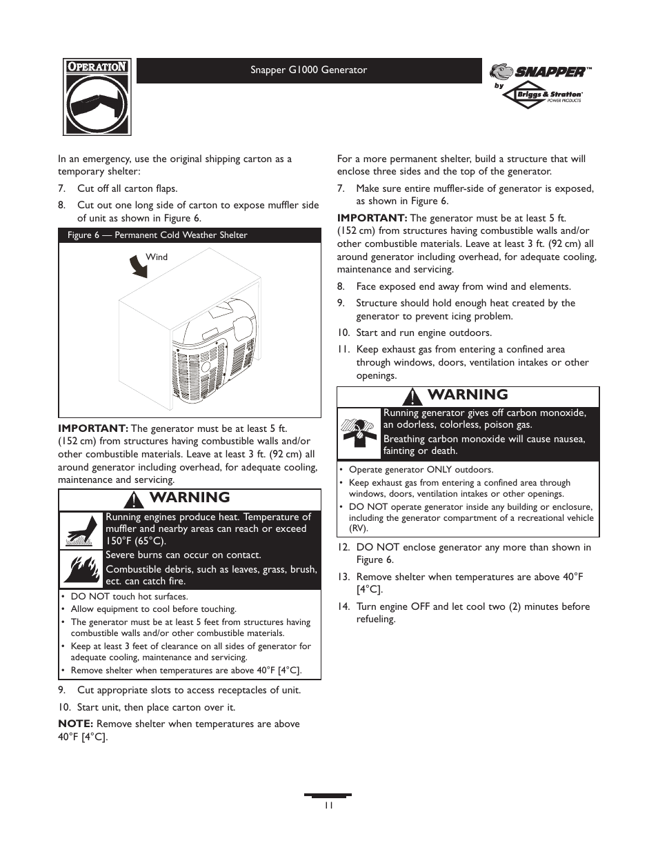 Warning | Snapper G1000 User Manual | Page 11 / 32