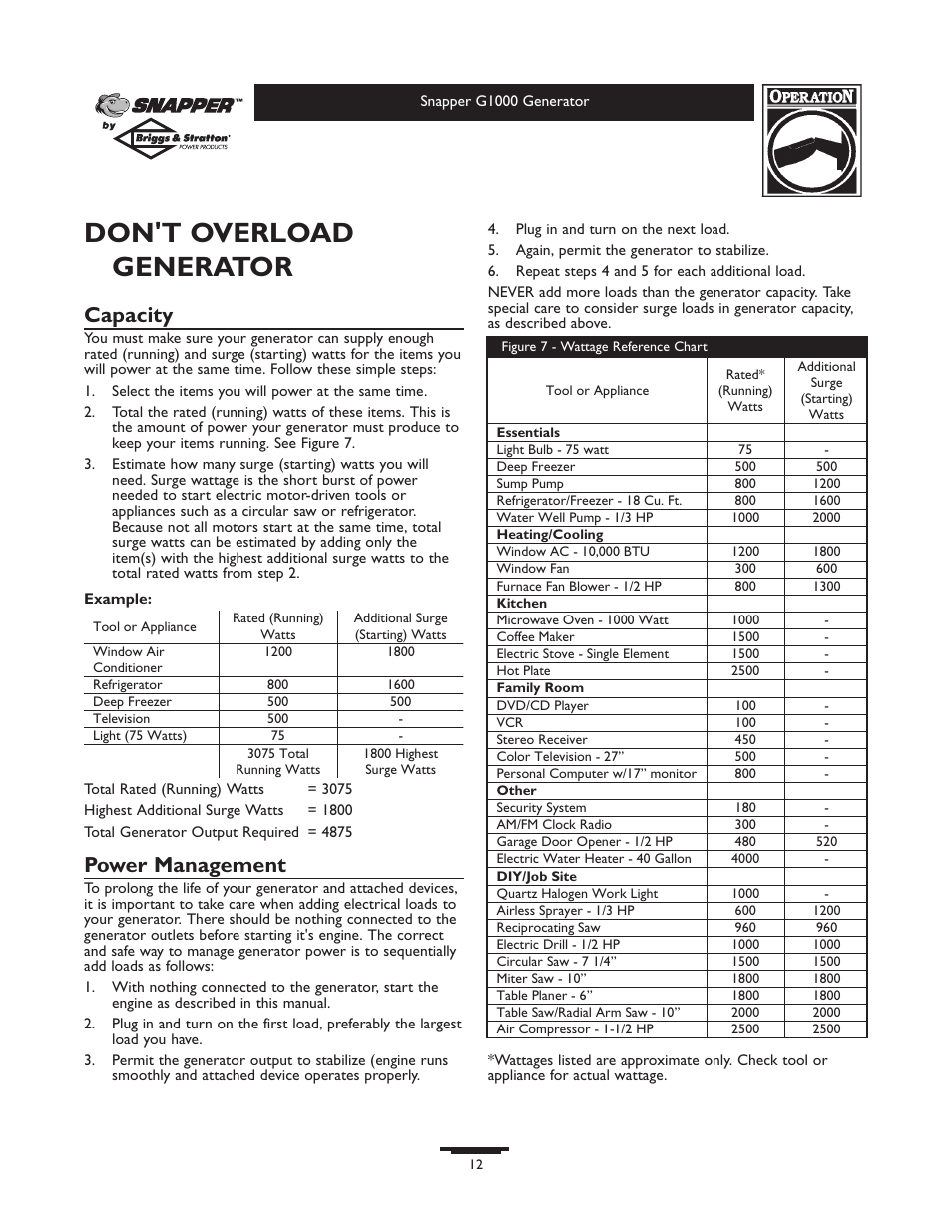 Don't overload generator, Capacity, Power management | Snapper G1000 User Manual | Page 12 / 32