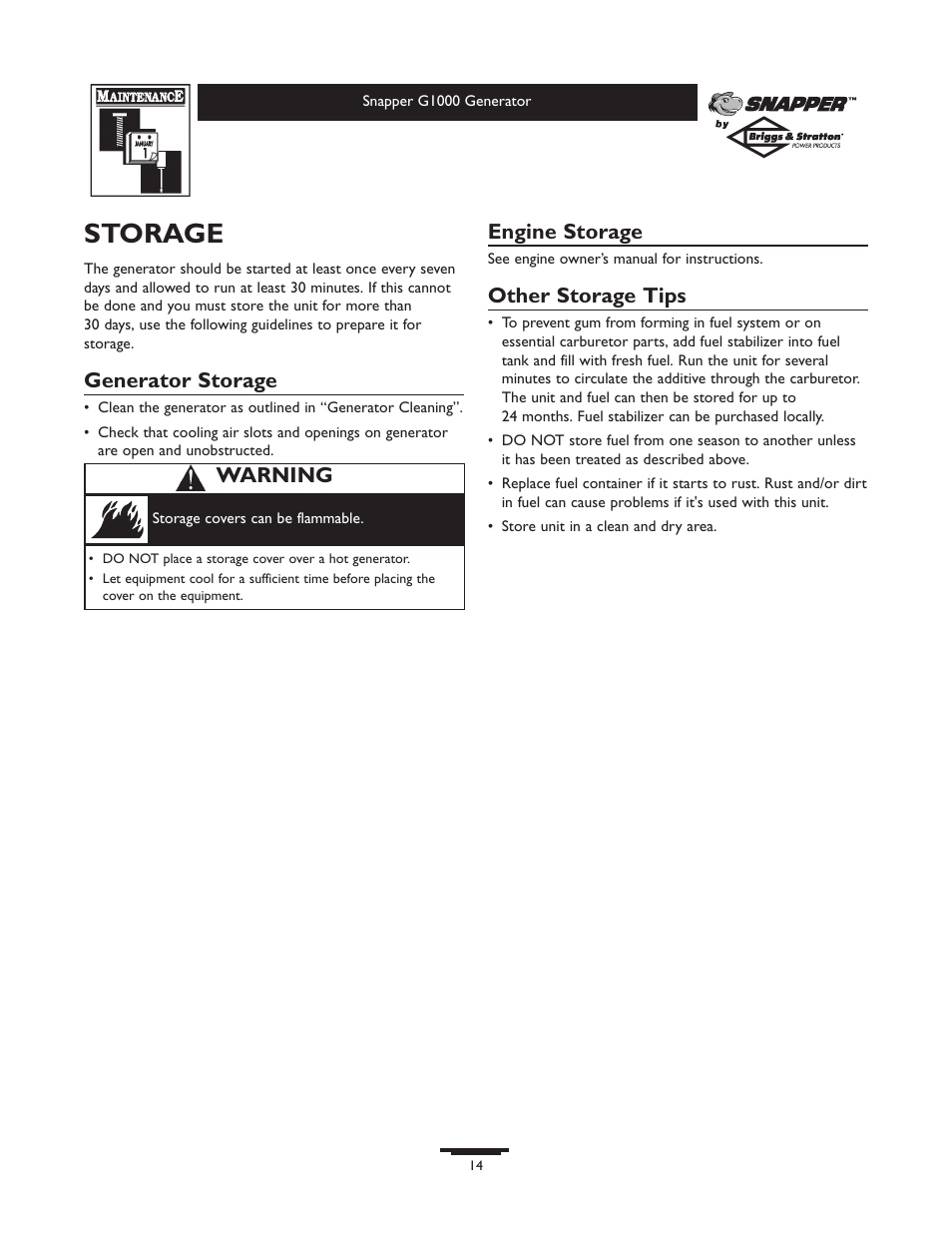 Storage, Generator storage, Engine storage | Other storage tips, Warning | Snapper G1000 User Manual | Page 14 / 32