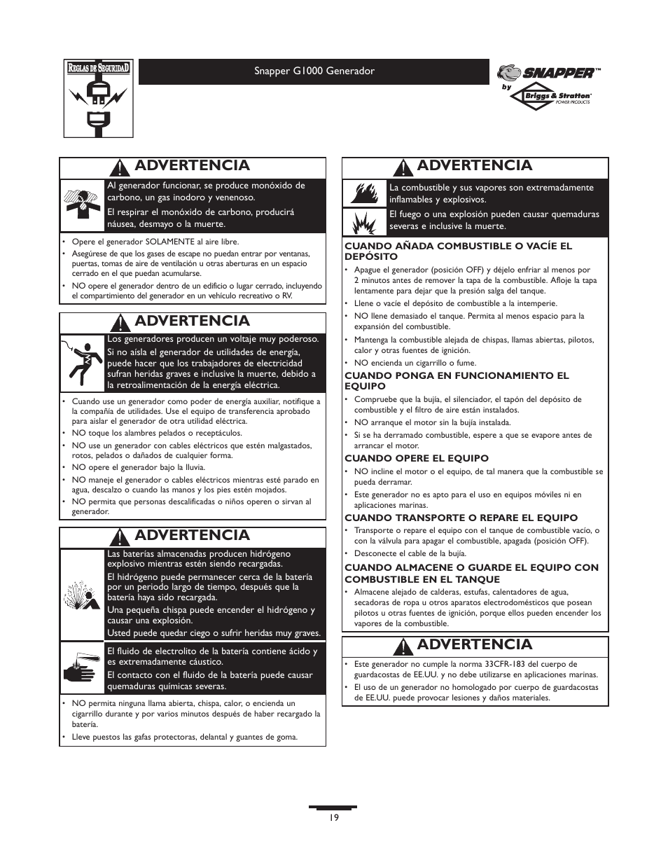 Advertencia | Snapper G1000 User Manual | Page 19 / 32