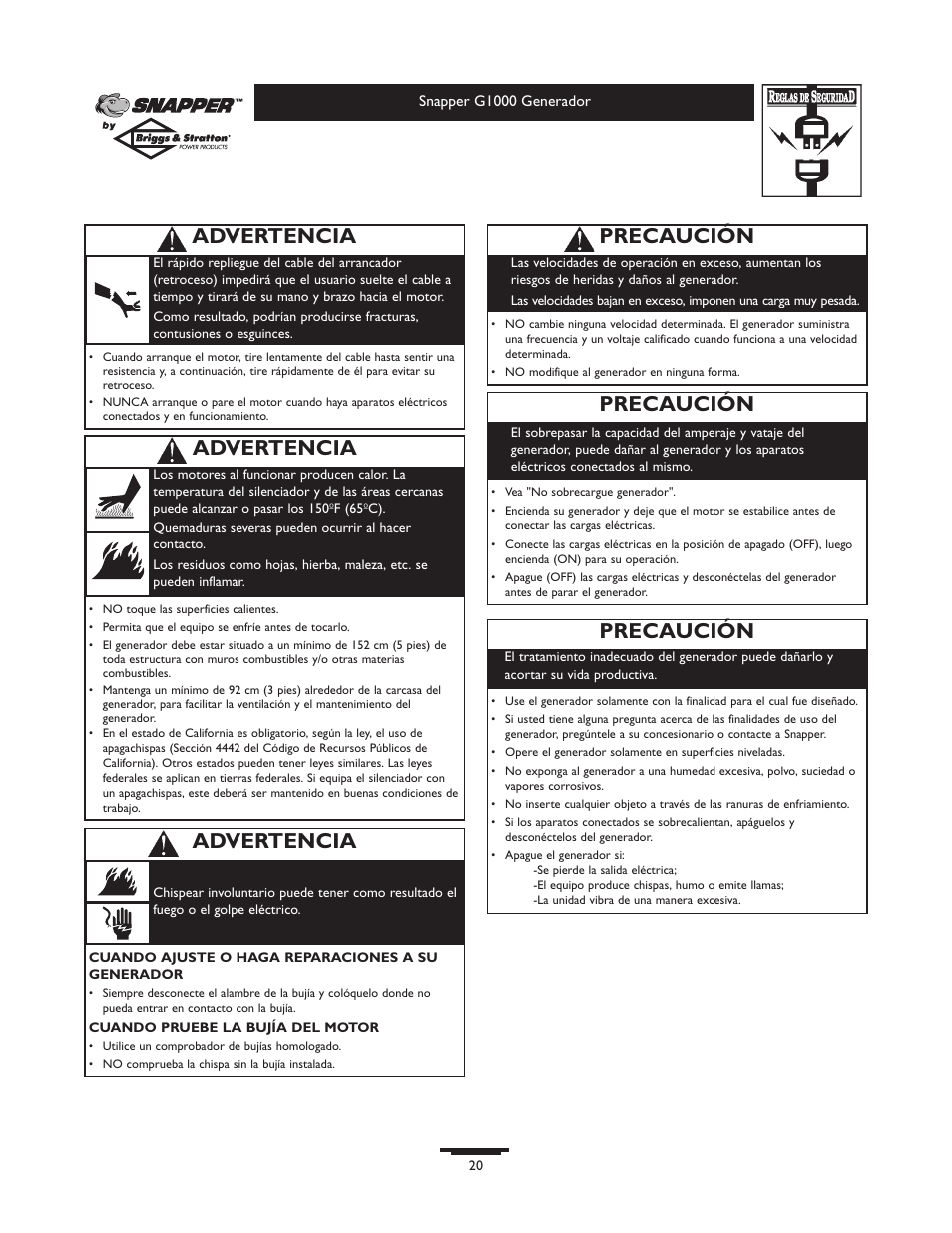 Precaución, Advertencia | Snapper G1000 User Manual | Page 20 / 32