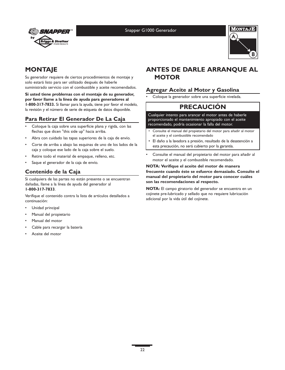 Montaje, Antes de darle arranque al motor, Precaución | Snapper G1000 User Manual | Page 22 / 32