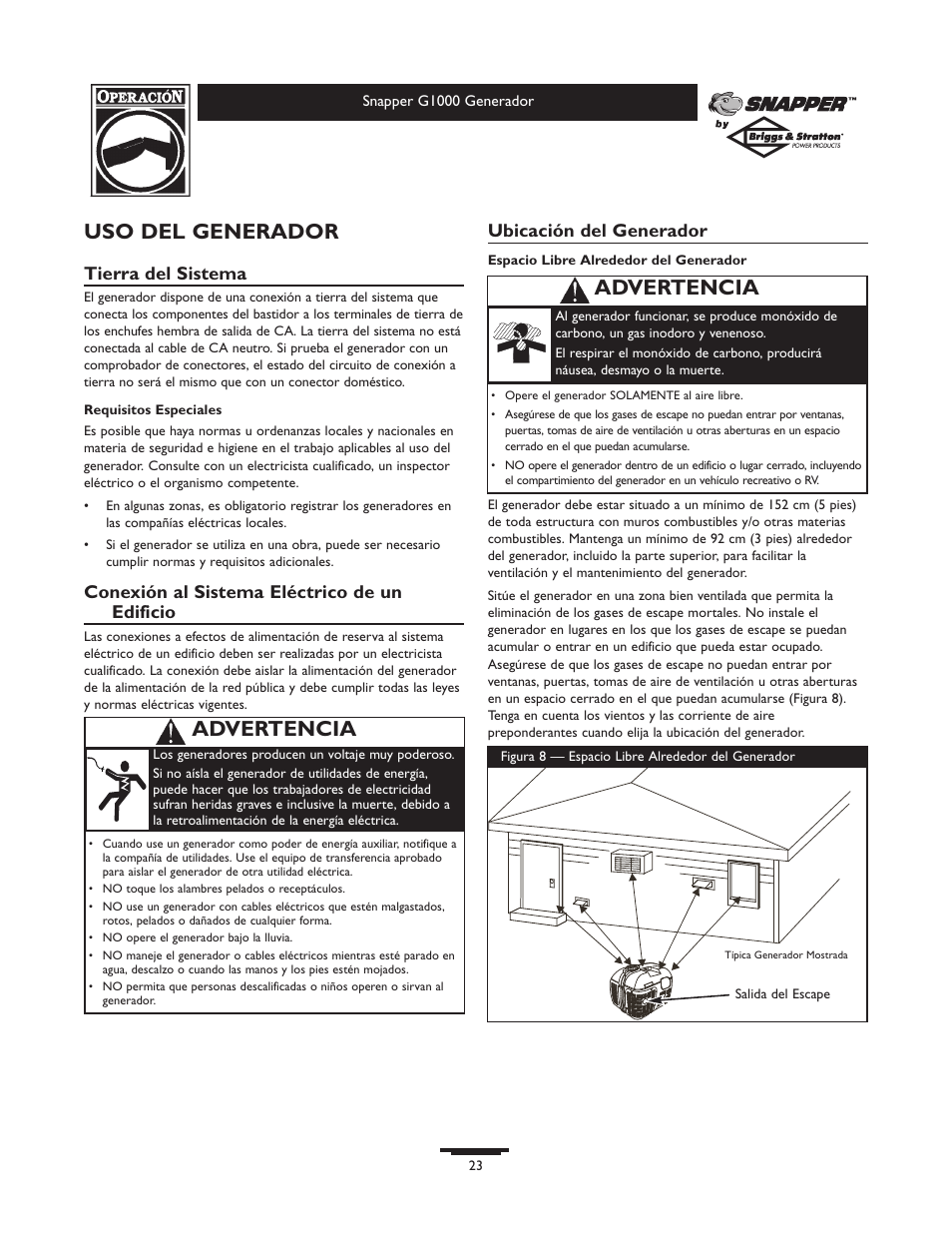 Uso del generador, Advertencia, Tierra del sistema | Conexión al sistema eléctrico de un edificio, Ubicación del generador | Snapper G1000 User Manual | Page 23 / 32