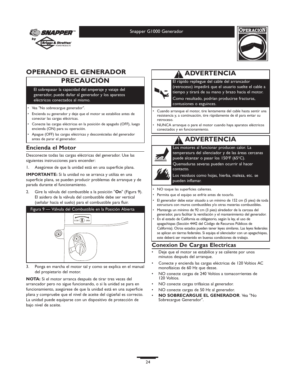 Operando el generador, Precaución, Advertencia | Encienda el motor, Conexion de cargas electricas | Snapper G1000 User Manual | Page 24 / 32