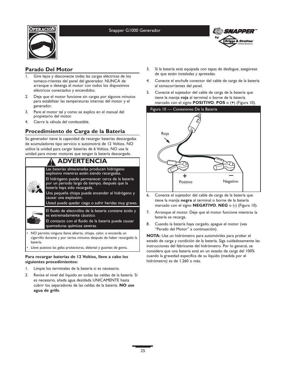 Advertencia, Parado del motor, Procedimiento de carga de la bateria | Snapper G1000 User Manual | Page 25 / 32