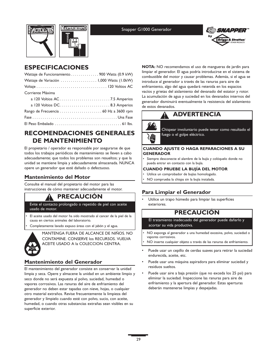 Especificaciones, Recomendaciones generales de mantenimiento, Precaución | Advertencia | Snapper G1000 User Manual | Page 29 / 32