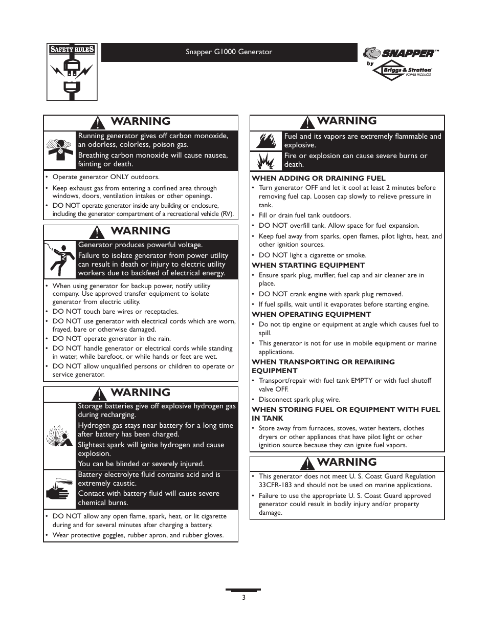 Warning | Snapper G1000 User Manual | Page 3 / 32