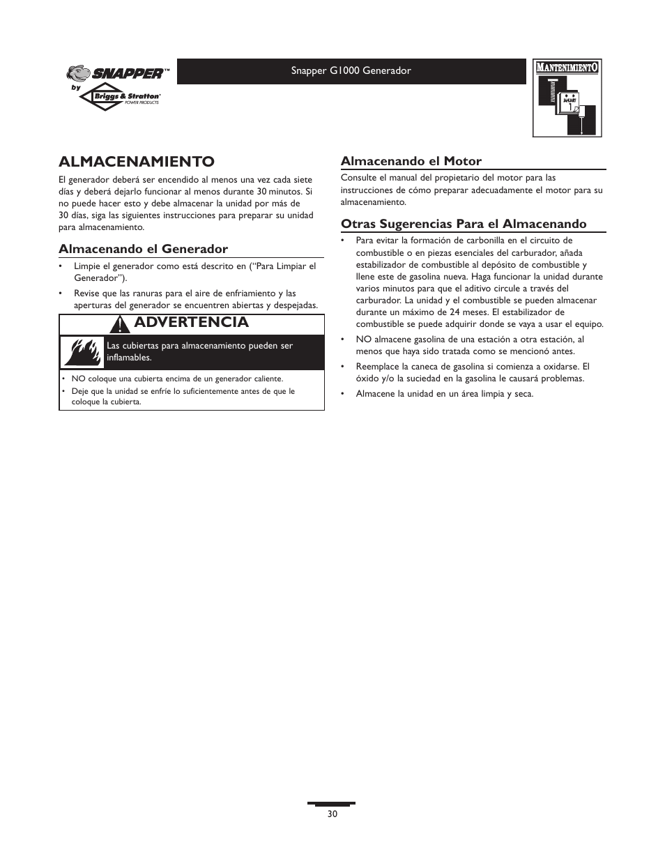 Almacenamiento, Advertencia | Snapper G1000 User Manual | Page 30 / 32