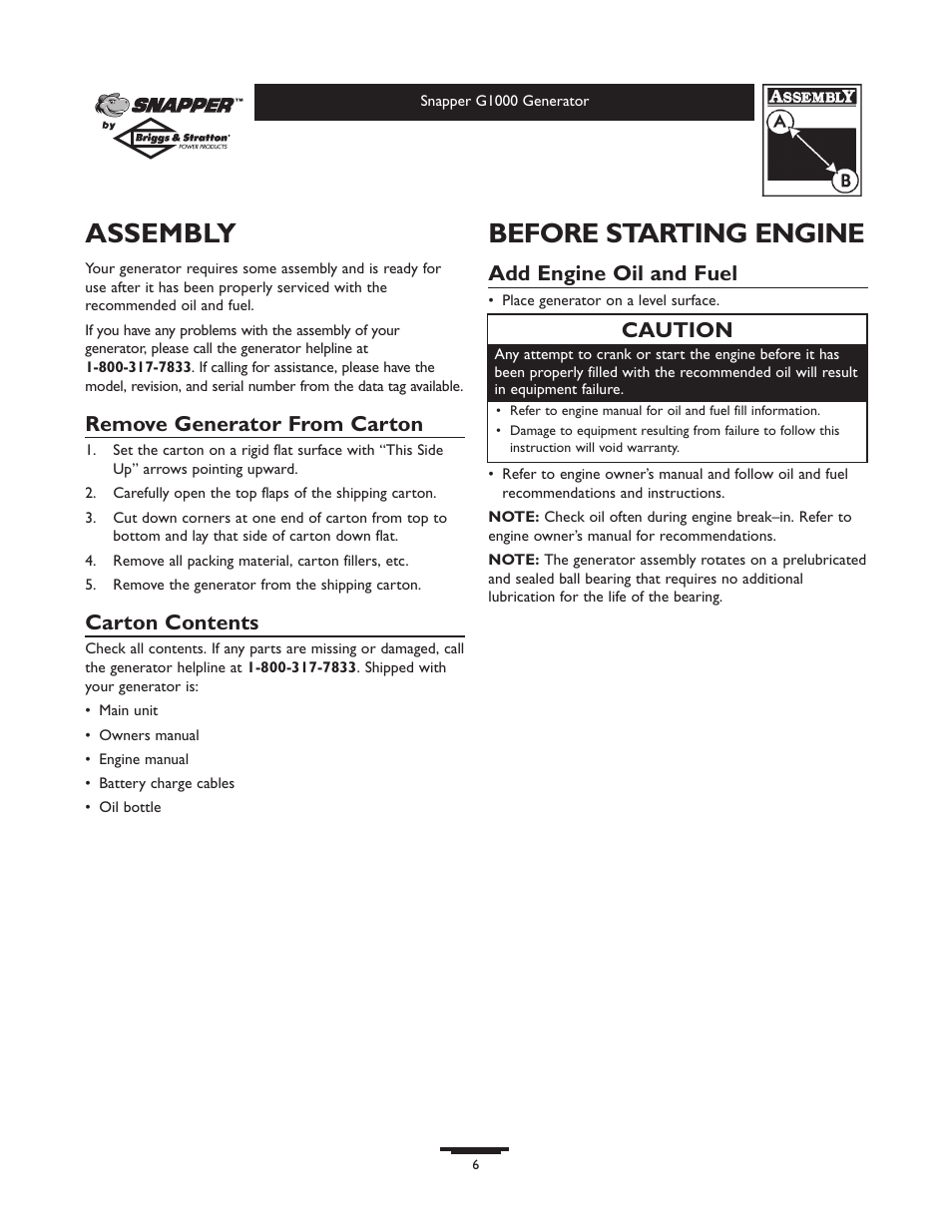 Assembly, Before starting engine, Remove generator from carton | Carton contents, Add engine oil and fuel, Caution | Snapper G1000 User Manual | Page 6 / 32