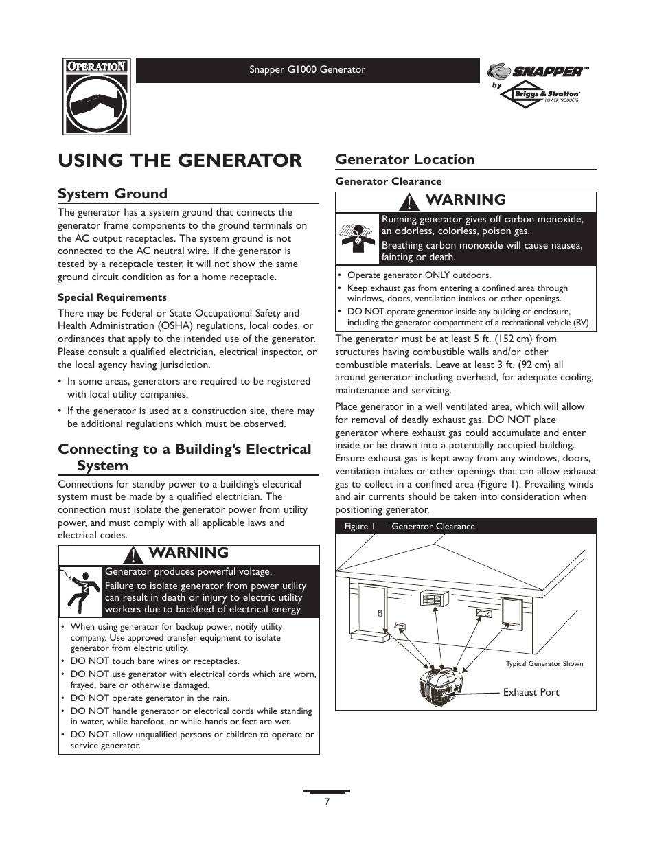 Using the generator, System ground, Connecting to a building’s electrical system | Generator location, Warning | Snapper G1000 User Manual | Page 7 / 32