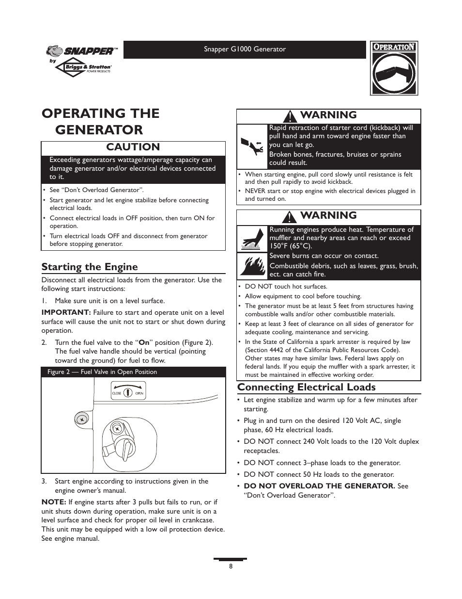 Operating the generator, Starting the engine, Connecting electrical loads | Caution, Warning | Snapper G1000 User Manual | Page 8 / 32