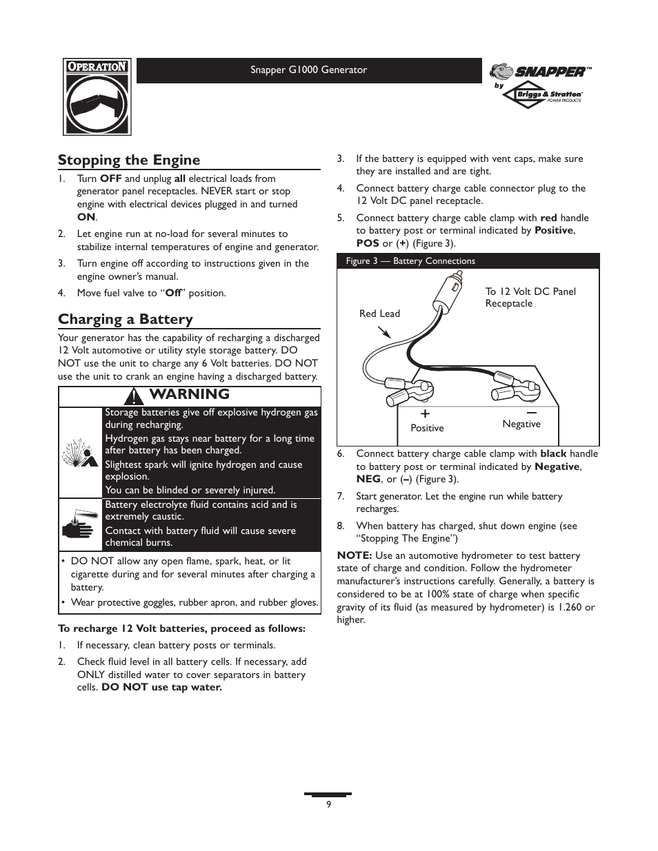 Stopping the engine, Charging a battery, Warning | Snapper G1000 User Manual | Page 9 / 32