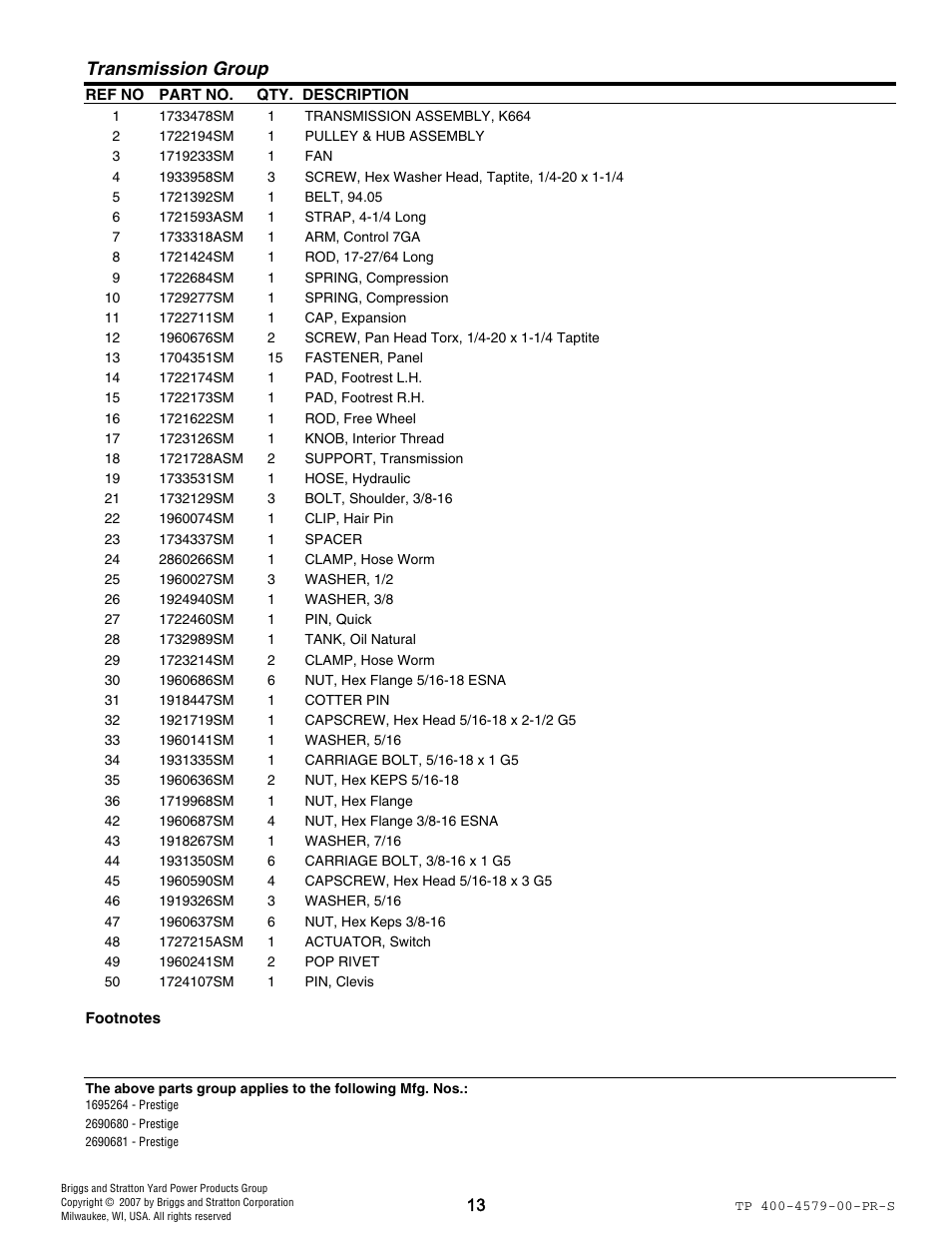 Transmission group | Snapper 4579 User Manual | Page 13 / 56