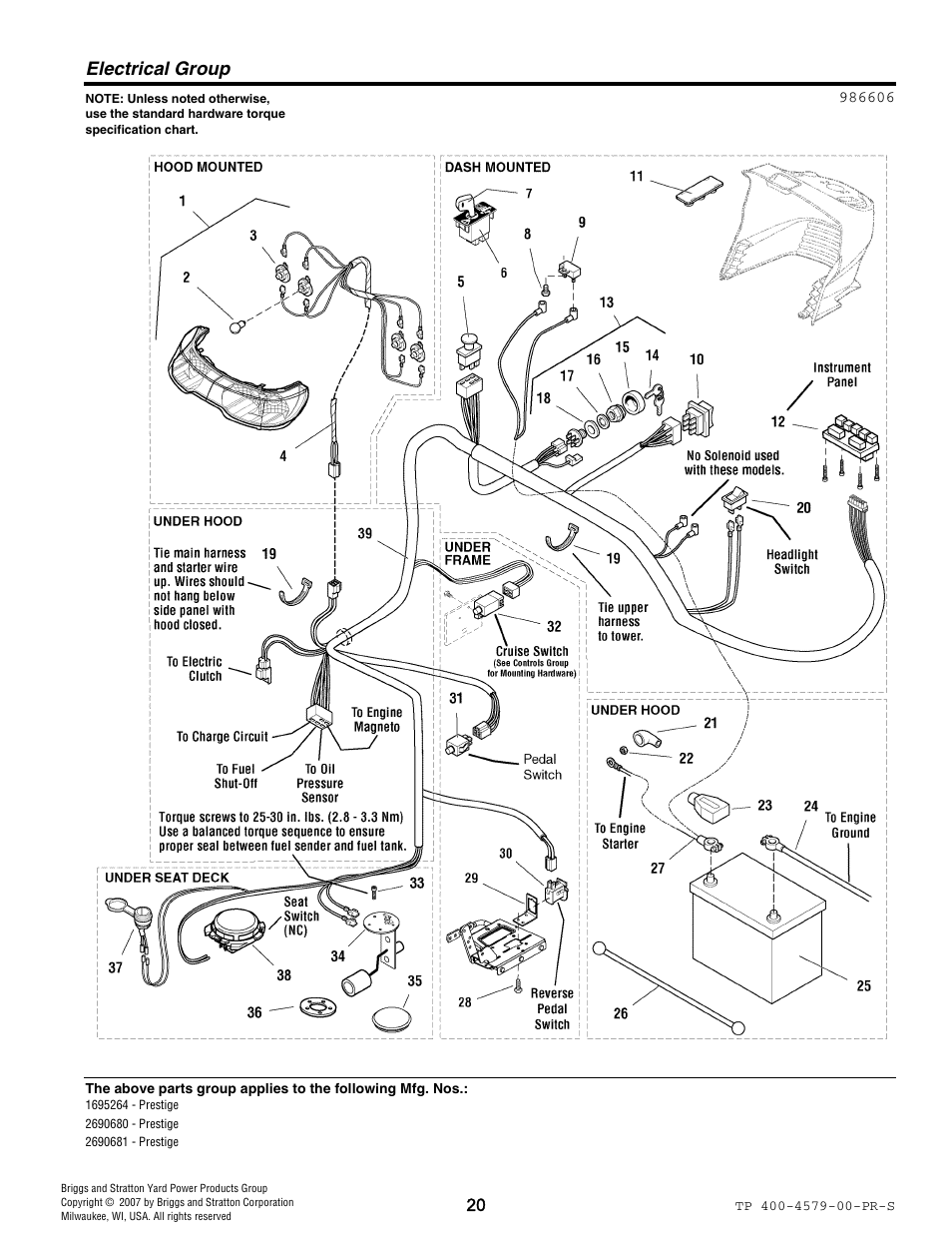 Electrical group | Snapper 4579 User Manual | Page 20 / 56