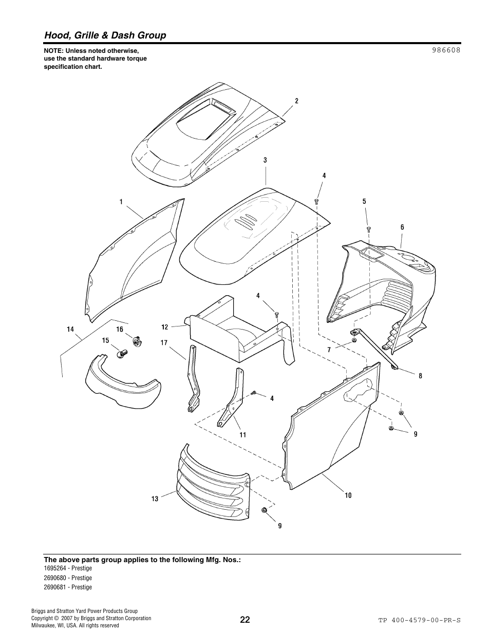 Hood, grille & dash group | Snapper 4579 User Manual | Page 22 / 56