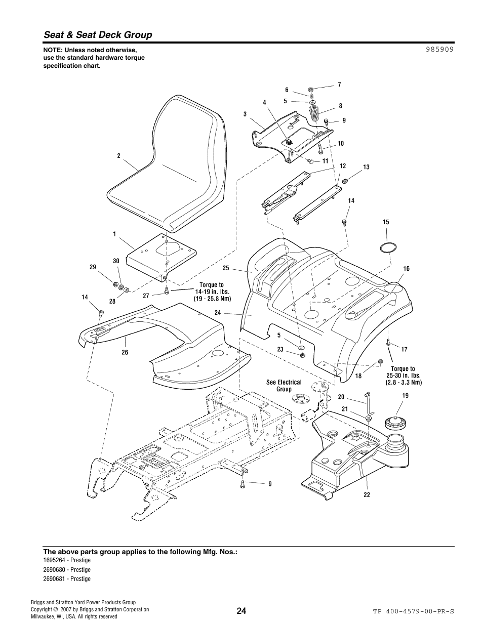 Seat & seat deck group | Snapper 4579 User Manual | Page 24 / 56