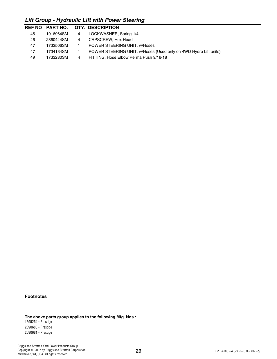 Lift group - hydraulic lift with power steering | Snapper 4579 User Manual | Page 29 / 56
