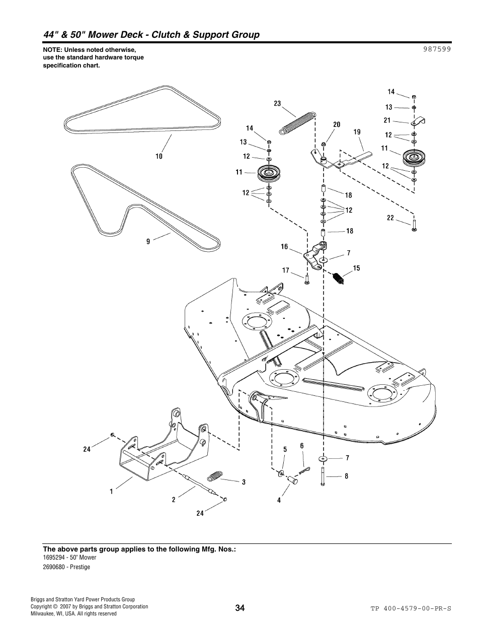 44" & 50" mower deck - clutch & support group | Snapper 4579 User Manual | Page 34 / 56