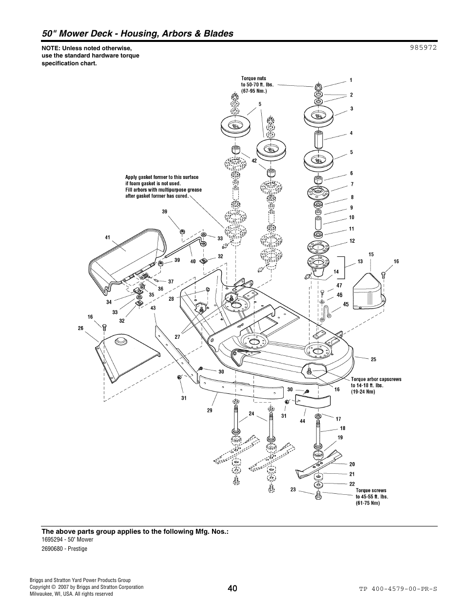 50" mower deck - housing, arbors & blades | Snapper 4579 User Manual | Page 40 / 56