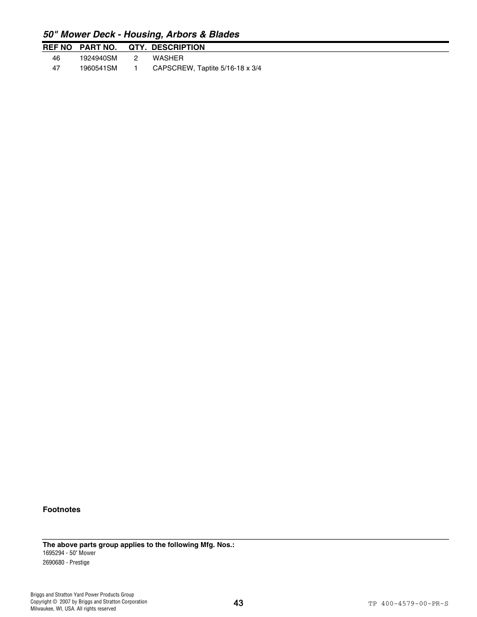 50" mower deck - housing, arbors & blades | Snapper 4579 User Manual | Page 43 / 56