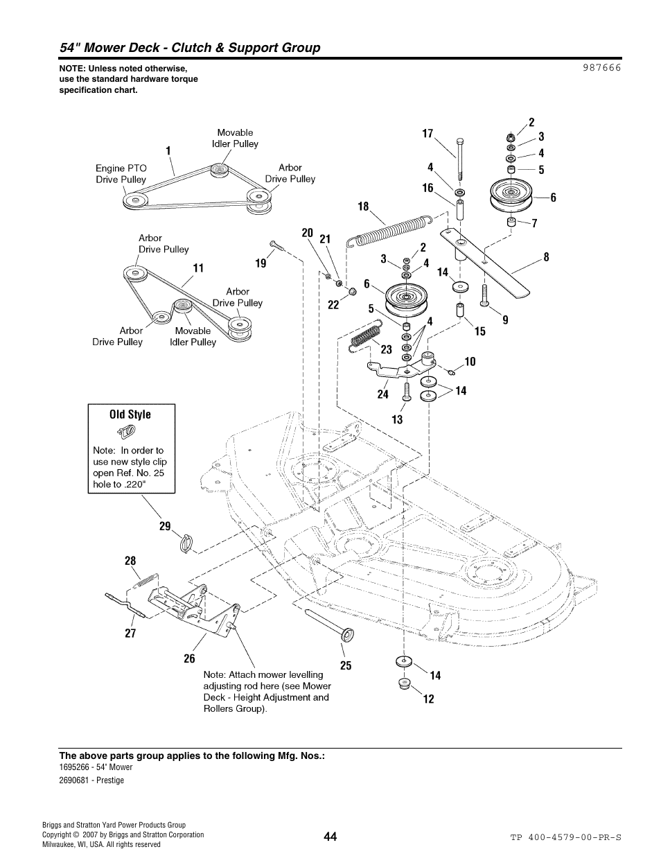 54" mower deck - clutch & support group | Snapper 4579 User Manual | Page 44 / 56