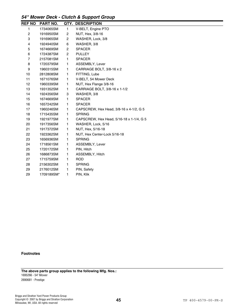 54" mower deck - clutch & support group | Snapper 4579 User Manual | Page 45 / 56