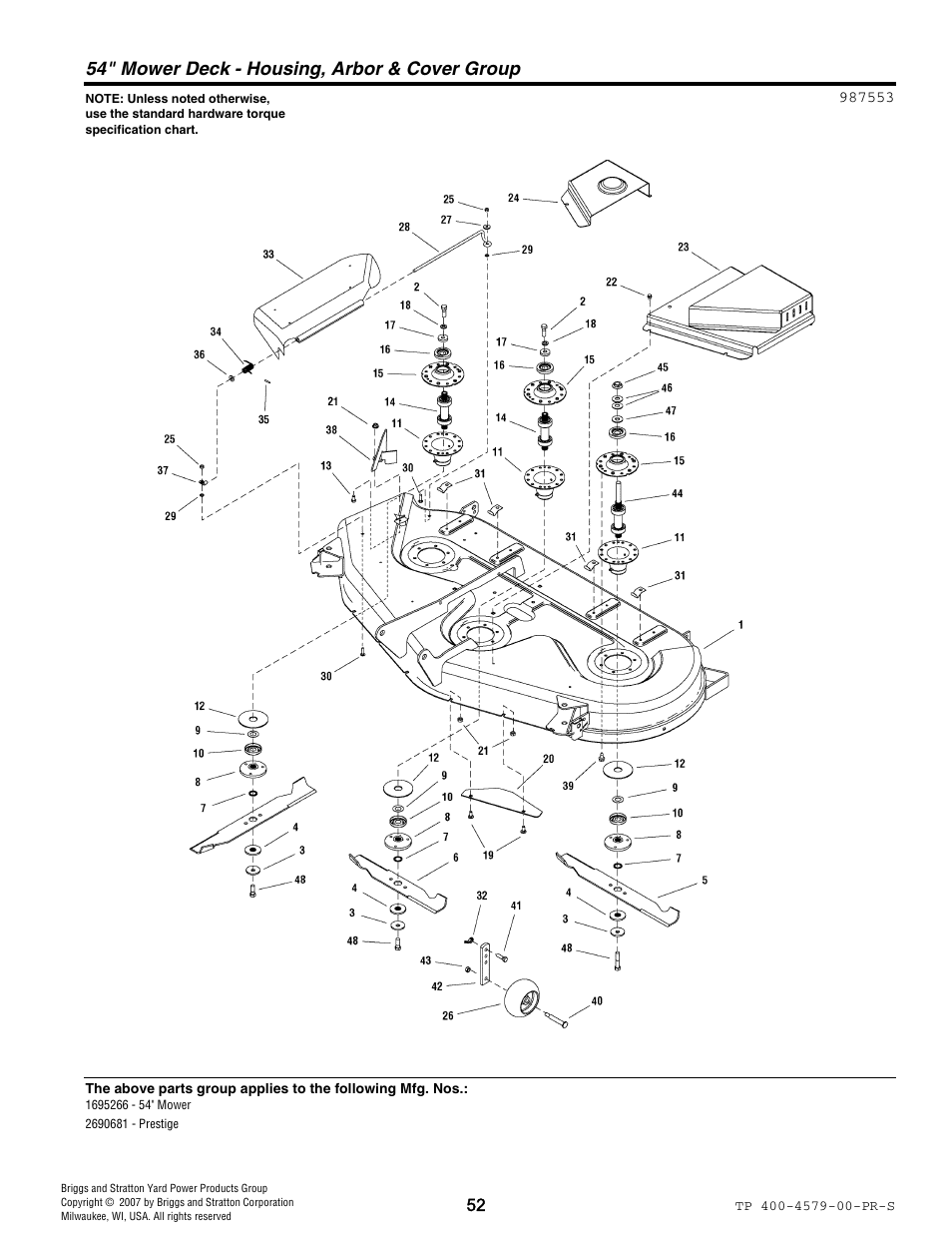 54" mower deck - housing, arbor & cover group | Snapper 4579 User Manual | Page 52 / 56