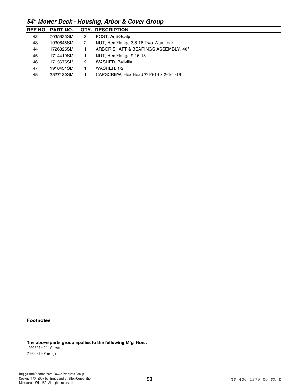 54" mower deck - housing, arbor & cover group | Snapper 4579 User Manual | Page 53 / 56