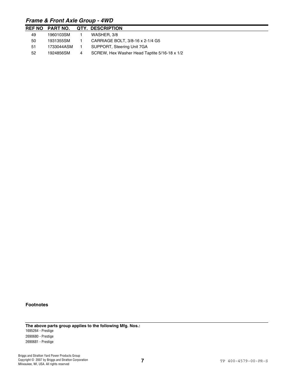 Frame & front axle group - 4wd | Snapper 4579 User Manual | Page 7 / 56