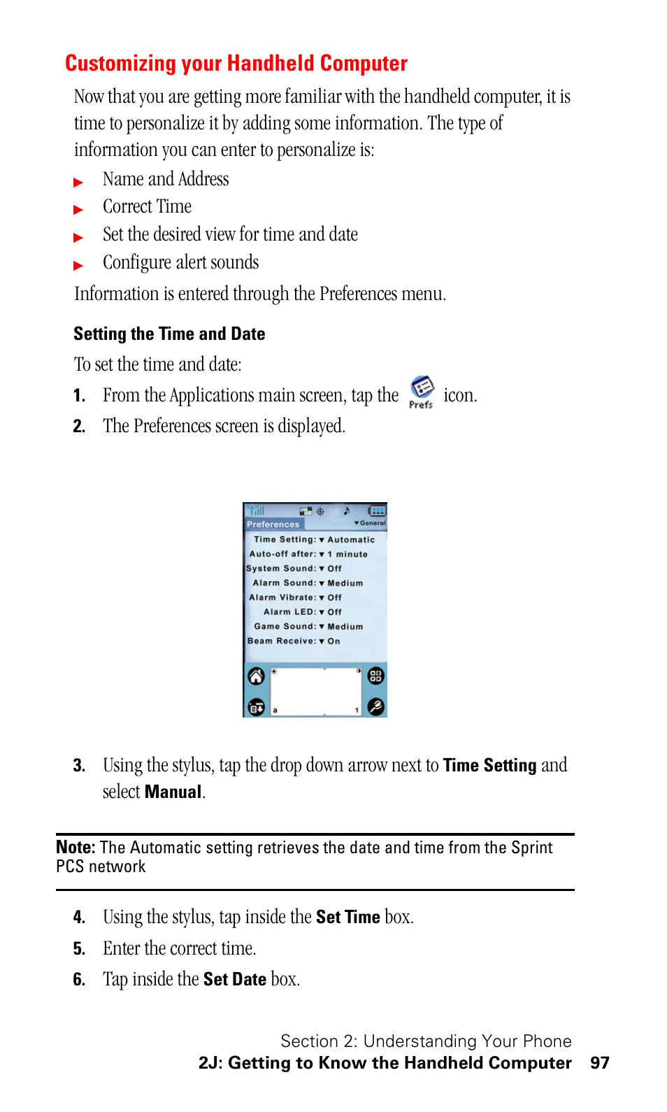 Customizing your handheld computer, Setting the time and date | Samsung SPH-I330 User Manual | Page 101 / 206