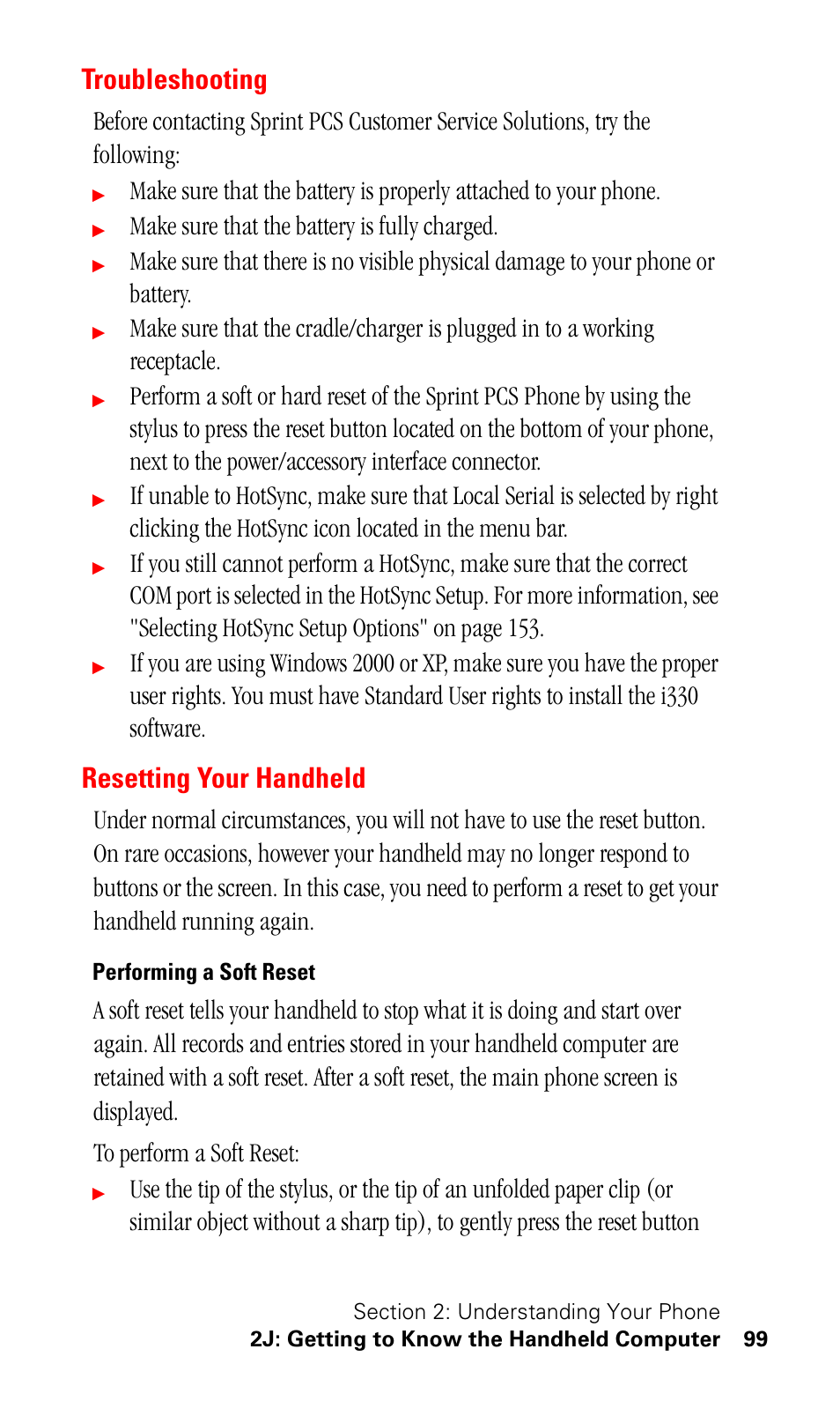 Troubleshooting, Resetting your handheld, Performing a soft reset | Make sure that the battery is fully charged | Samsung SPH-I330 User Manual | Page 103 / 206