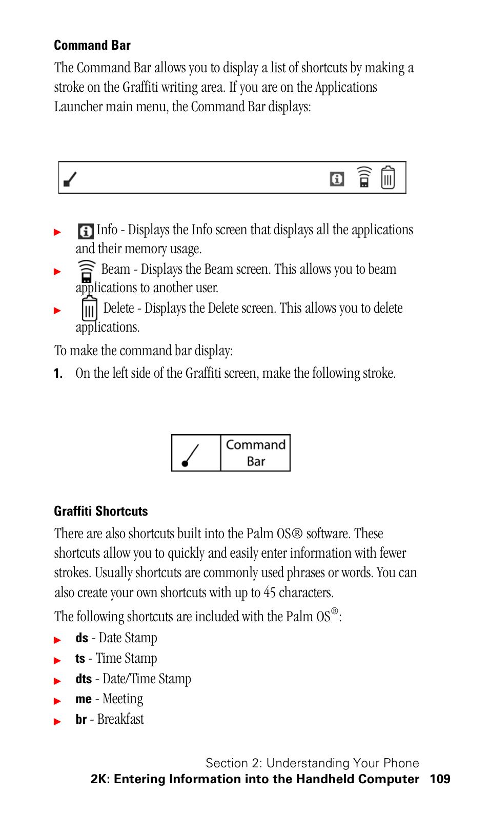 Command bar, Graffiti shortcuts, Date stamp | Time stamp, Date/time stamp, Meeting, Breakfast | Samsung SPH-I330 User Manual | Page 113 / 206