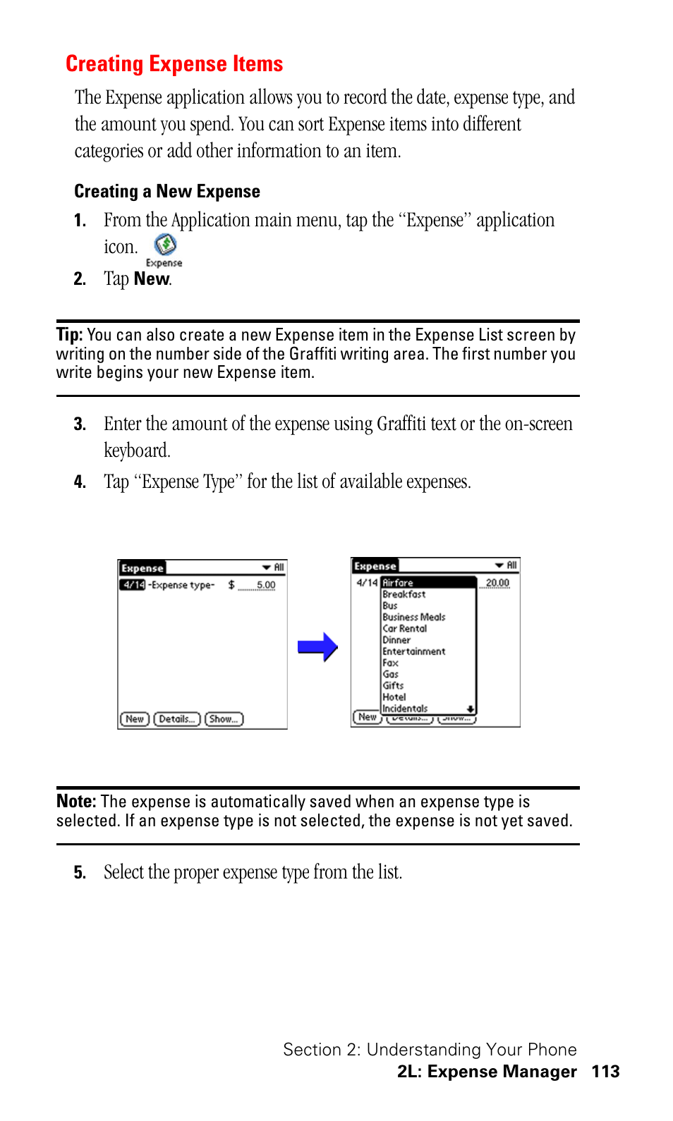 Creating expense items, Creating a new expense | Samsung SPH-I330 User Manual | Page 117 / 206