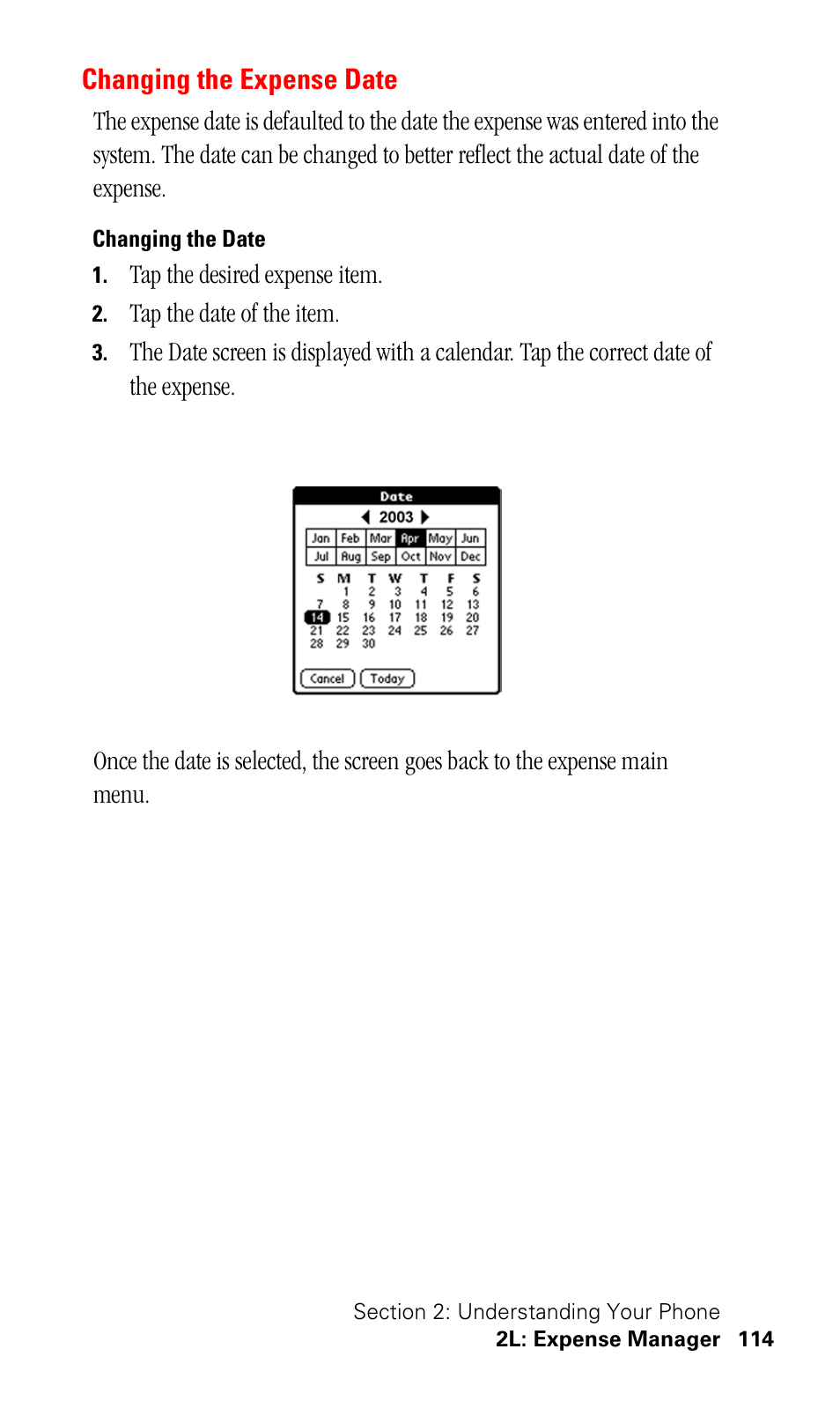 Changing the expense date, Changing the date | Samsung SPH-I330 User Manual | Page 118 / 206