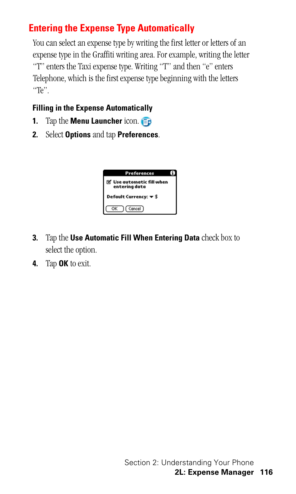 Entering the expense type automatically, Filling in the expense automatically | Samsung SPH-I330 User Manual | Page 120 / 206