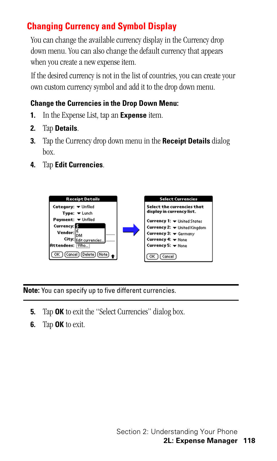 Changing currency and symbol display, Change the currencies in the drop down menu | Samsung SPH-I330 User Manual | Page 122 / 206