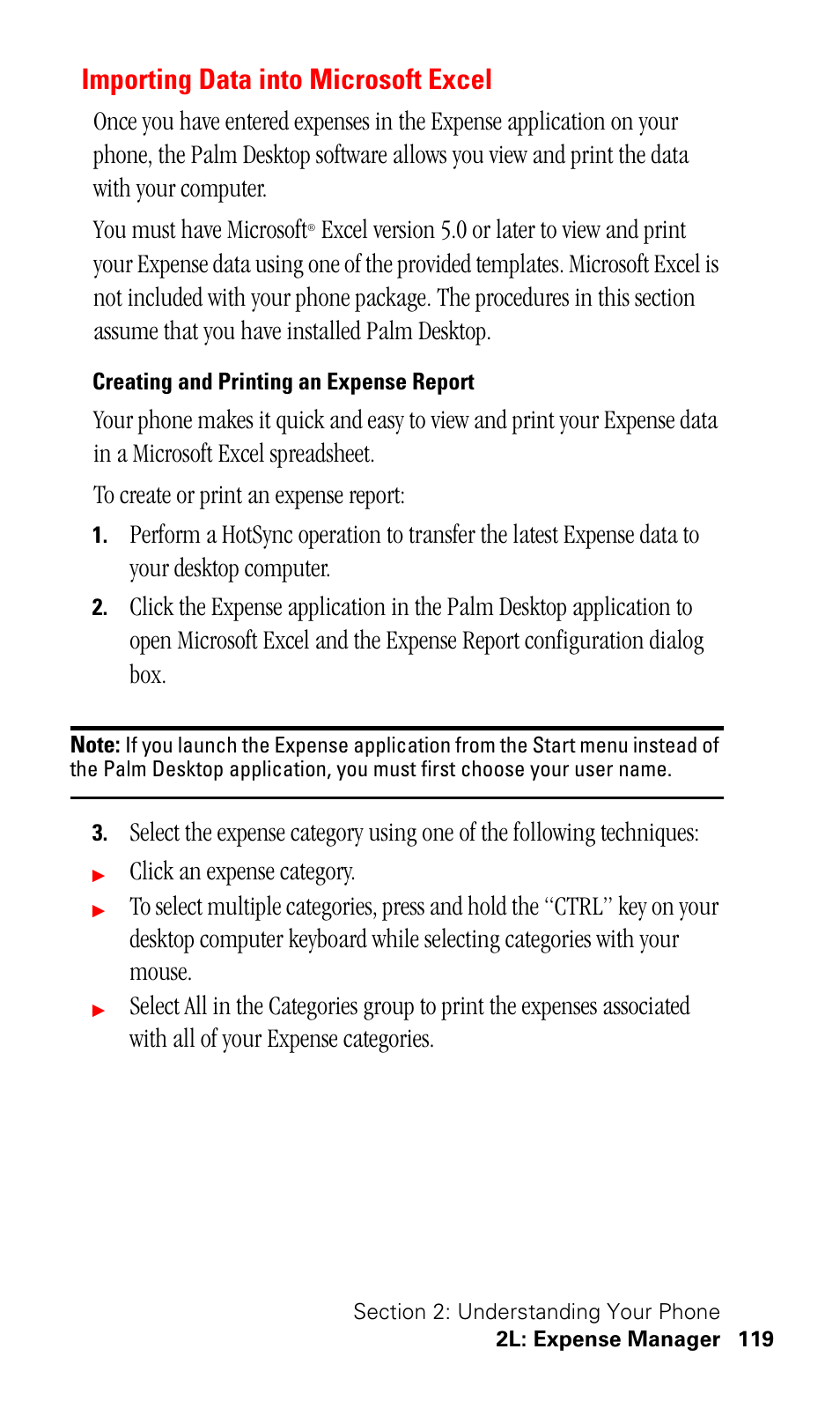 Importing data into microsoft excel, Creating and printing an expense report, Click an expense category | Samsung SPH-I330 User Manual | Page 123 / 206