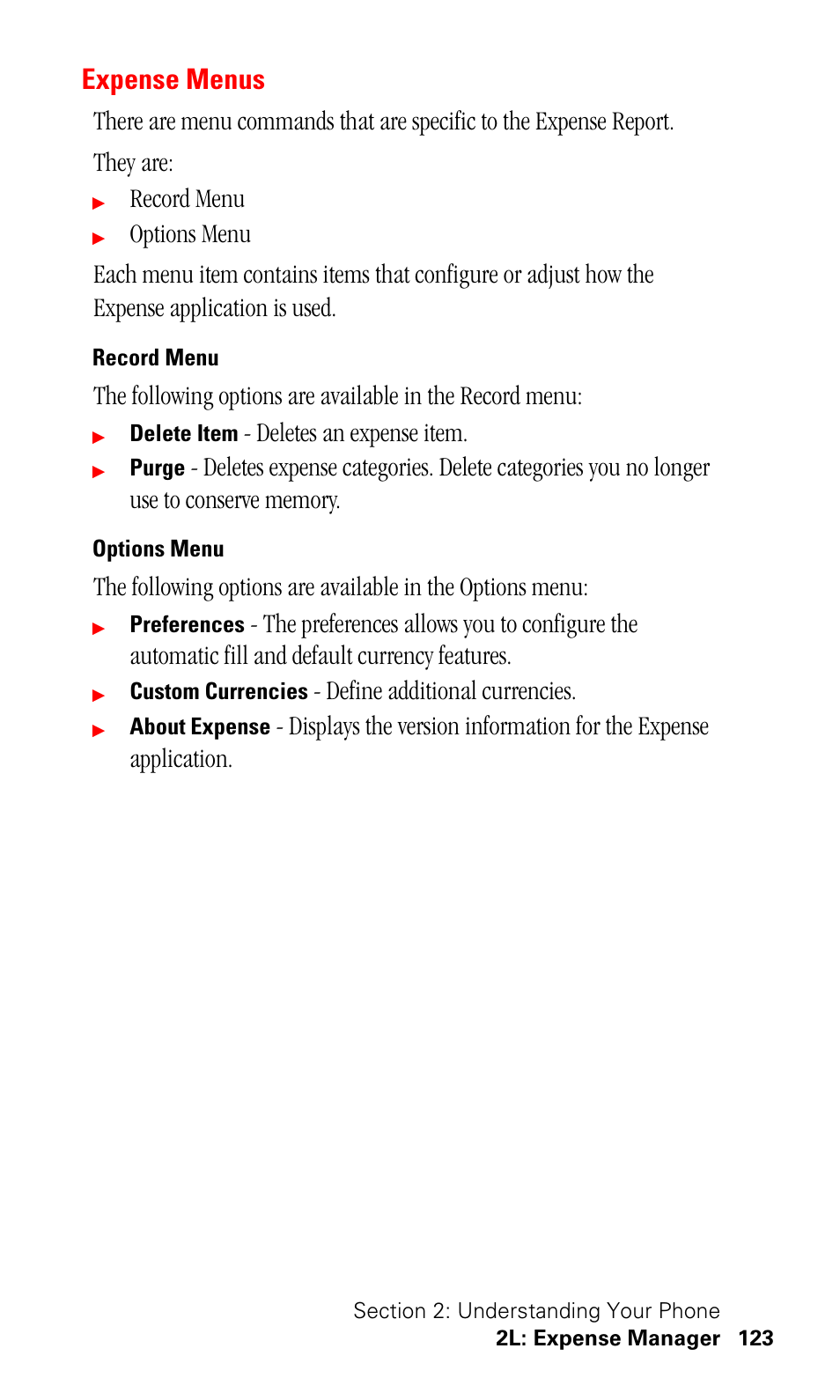 Expense menus, Record menu, Options menu | Deletes an expense item, Define additional currencies | Samsung SPH-I330 User Manual | Page 127 / 206